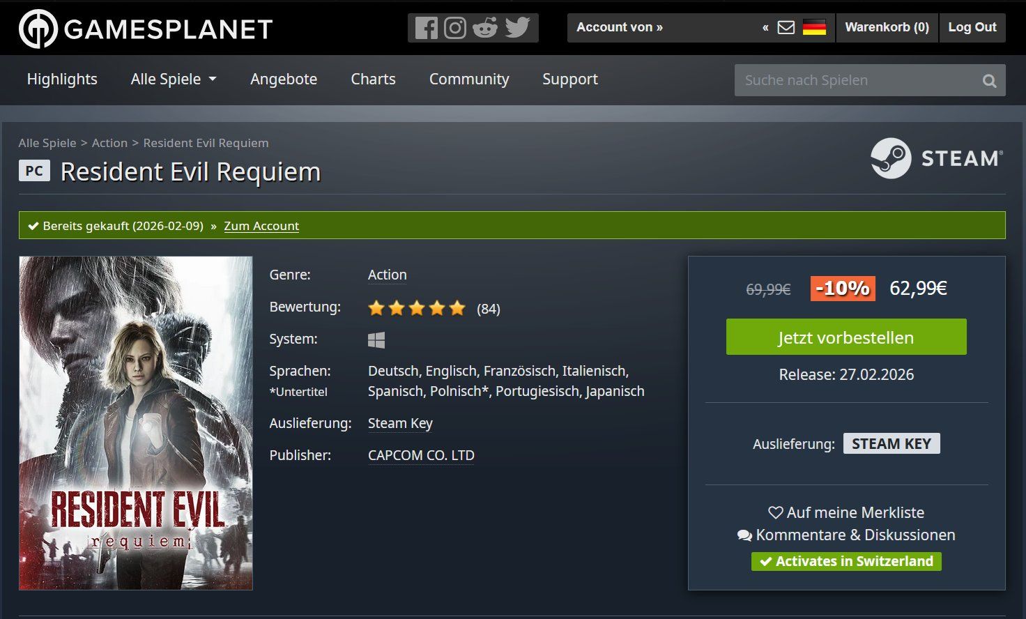 Jeux: Resident Evil Requiem - Gamesplanet PC Steam Key – Neuf (Voir description) à Schlieren par zs_lopez