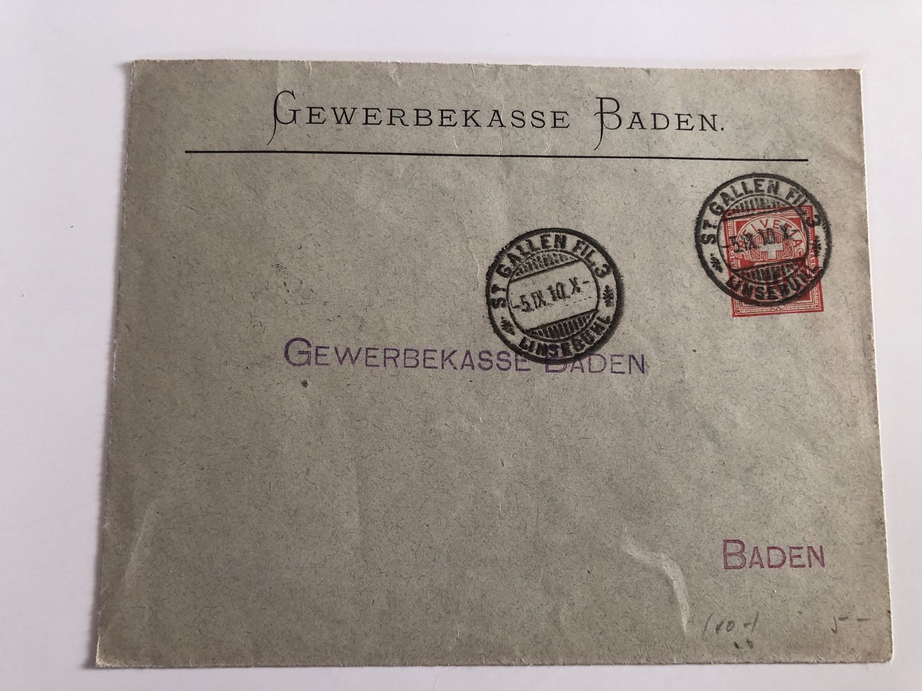 Alle Briefmarken: Firmencouvert mit ZIFFER-EINDRUCK BADEN AG 1910 – Gebraucht aus Lufingen von Rac0 1