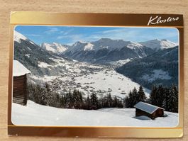 Vintage Postkarte Klosters, Dorf und Platz mit Madrisa 1987
