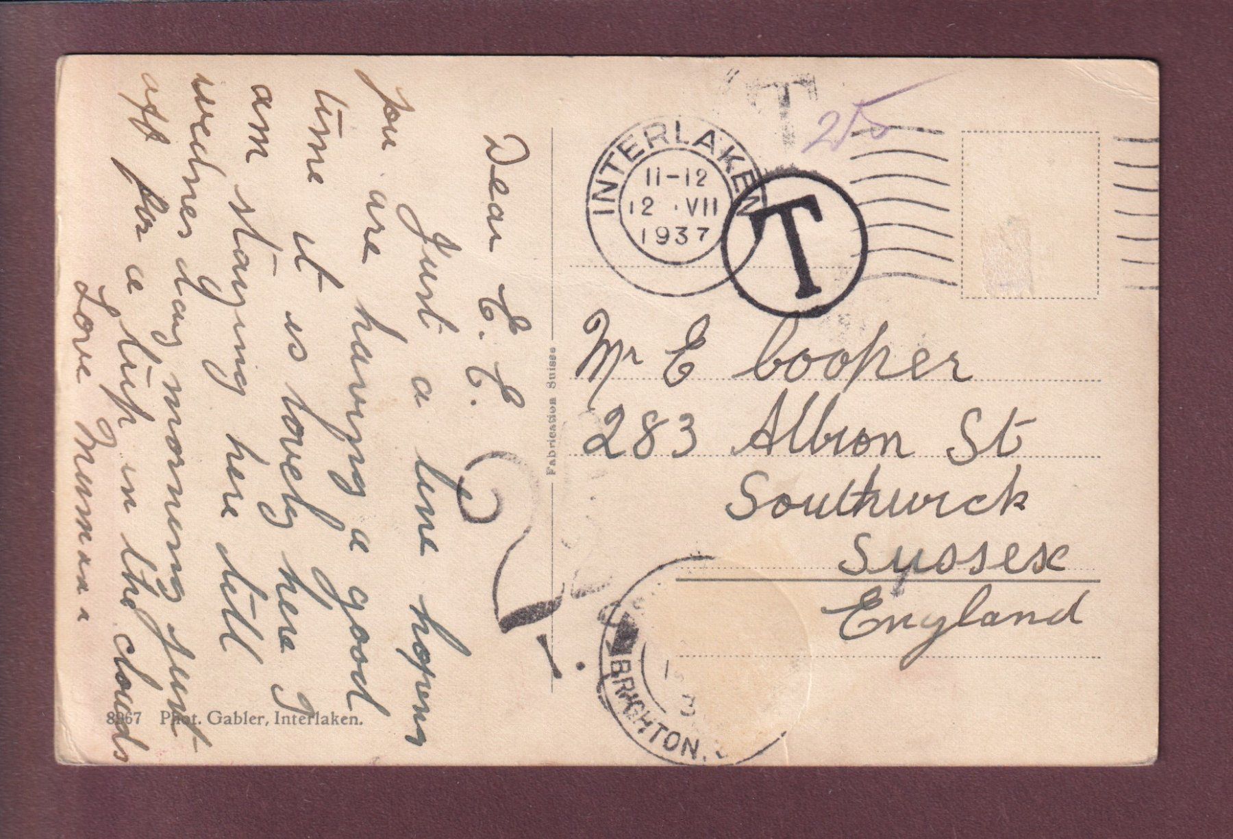 Cartoline postali: INTERLAKEN - Schiffeinfahrt - 1937 // kleiner Eckbug // – Usato da Pully venduto da nicecards 1