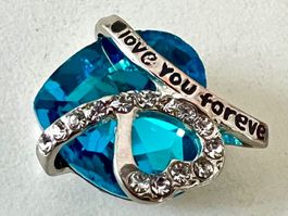 Anhänger "Love You Forever" mit blauem Glasherz & Lederband