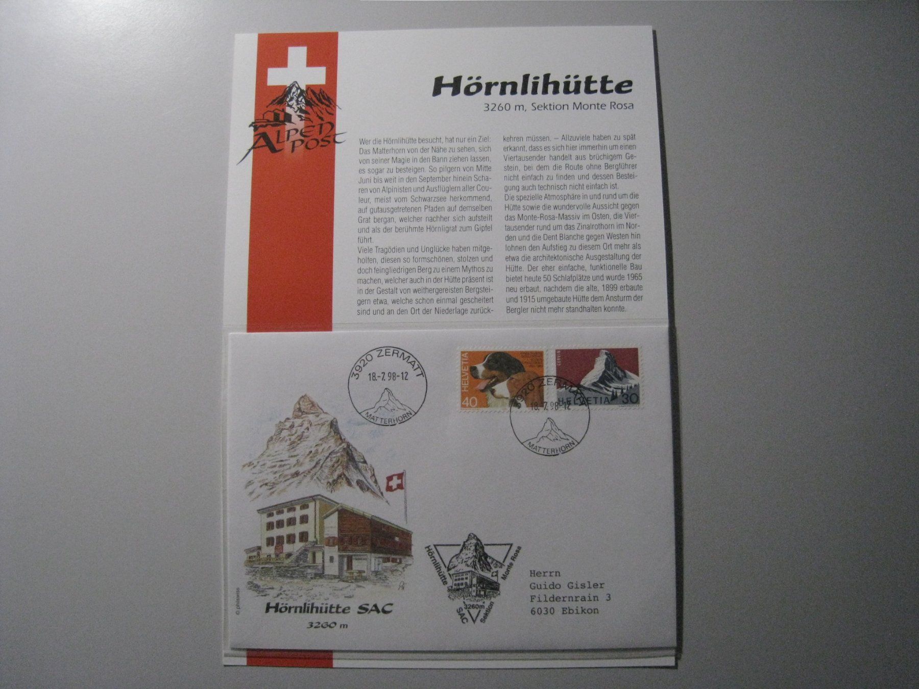 Tutti i francobolli: Ersttagsbrief Hörnlihütte 1998 – Usato da Aarwangen venduto da Pinsel7890