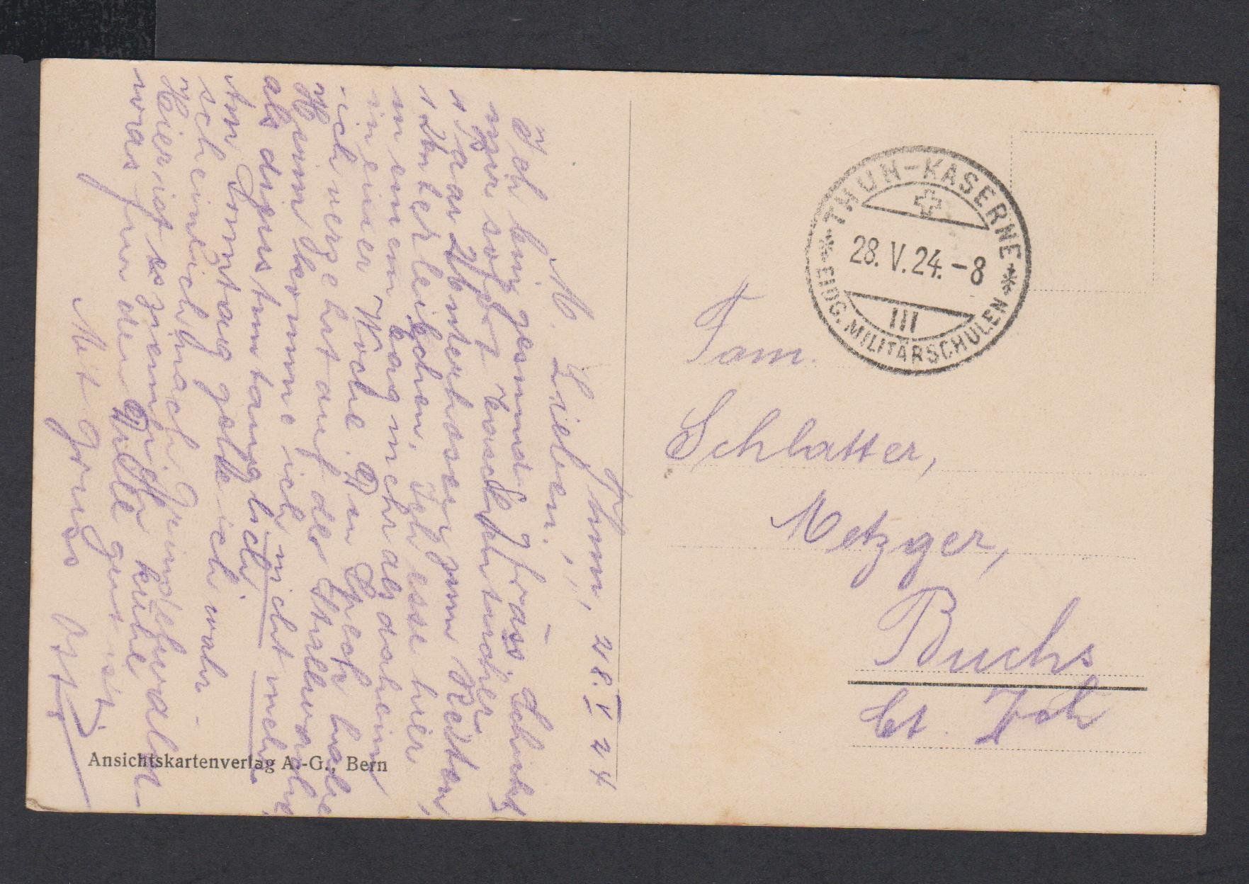 Ansichtskarten: Thun  Kaserne   :   alte Ansichtskarte von 1924 – Gebraucht aus Vitznau von Ropaku 1