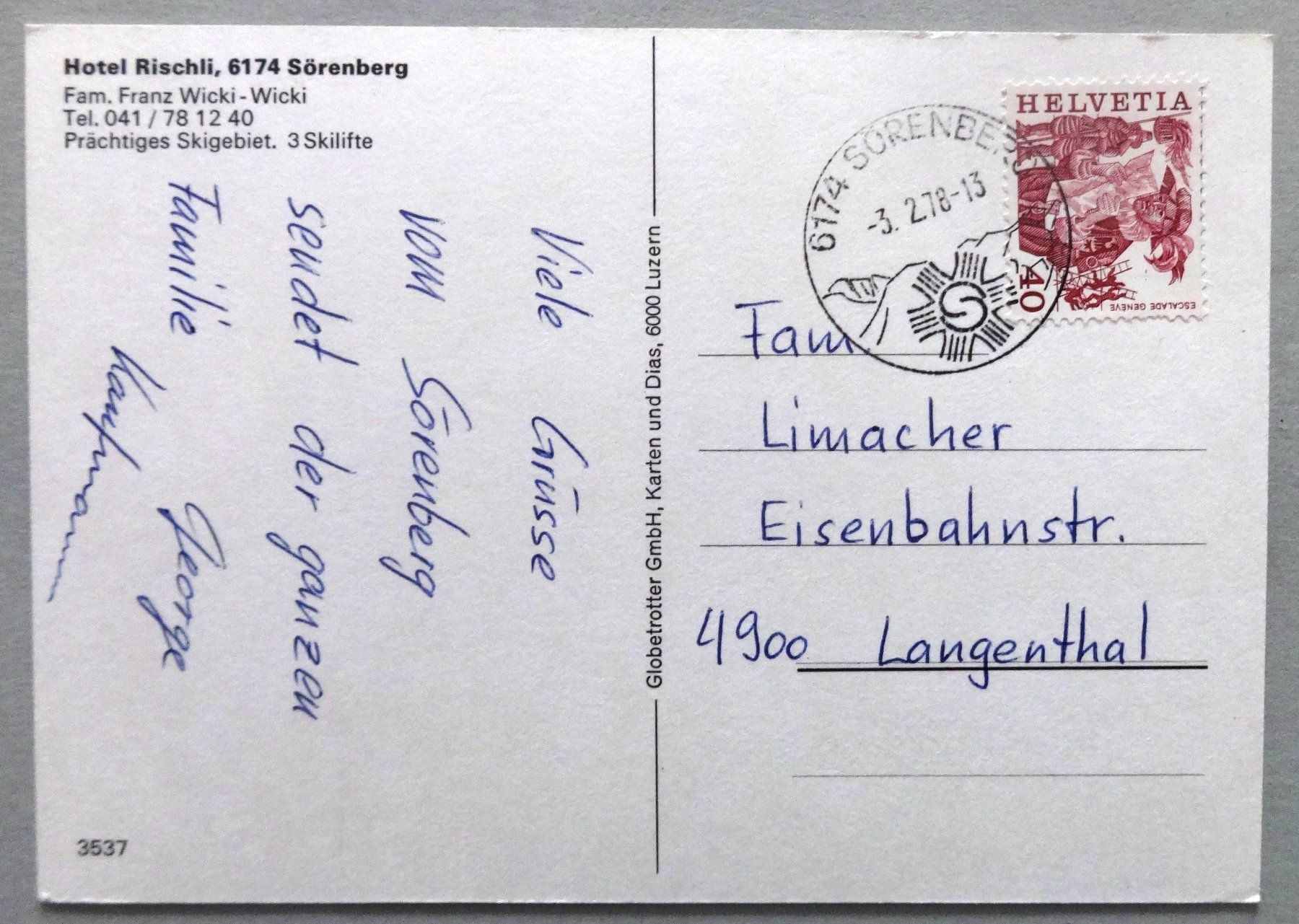 Cartoline postali: Hotel Rischli, Sörenberg – Usato da Fétigny venduto da Billy2miny 1