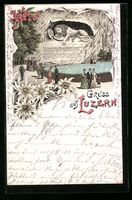 Litho Luzern, Besucher vor dem Löwen-De