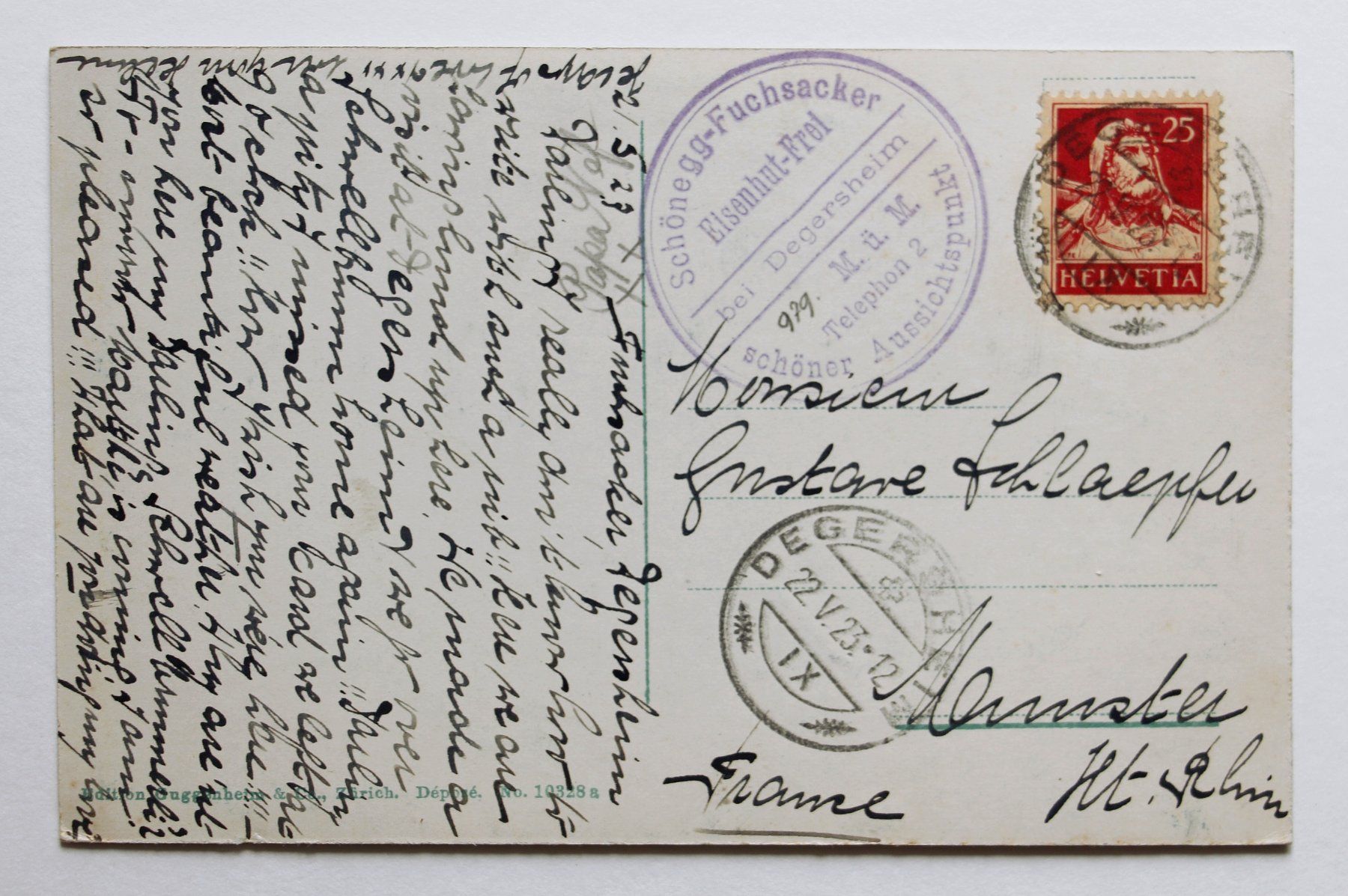 Cartoline postali: AK "FUCHSACKER B. DEGERSHEIM - REST. SCHÖNEGG" - GUGGENHEIM – Usato da St. Gallen venduto da modernetc 1