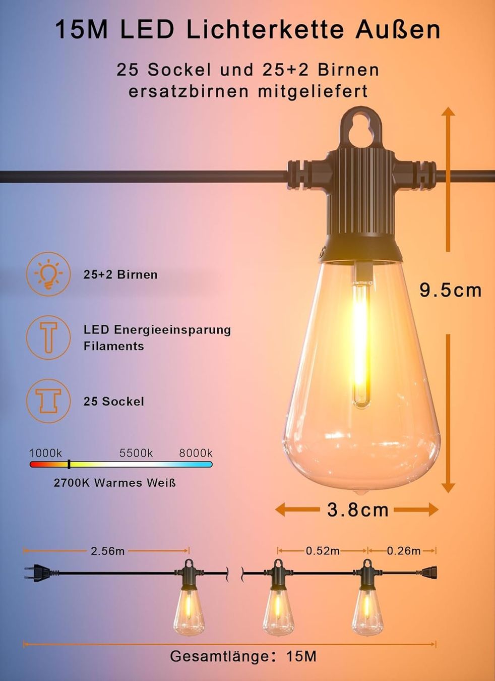 Lichterketten & Leisten: GLÜHBIRNEN LED LICHTERKETTE AUSSEN - 15 METER - 25+2 BIRNEN – Neu und originalverpackt aus Kriens von swissgadget 1