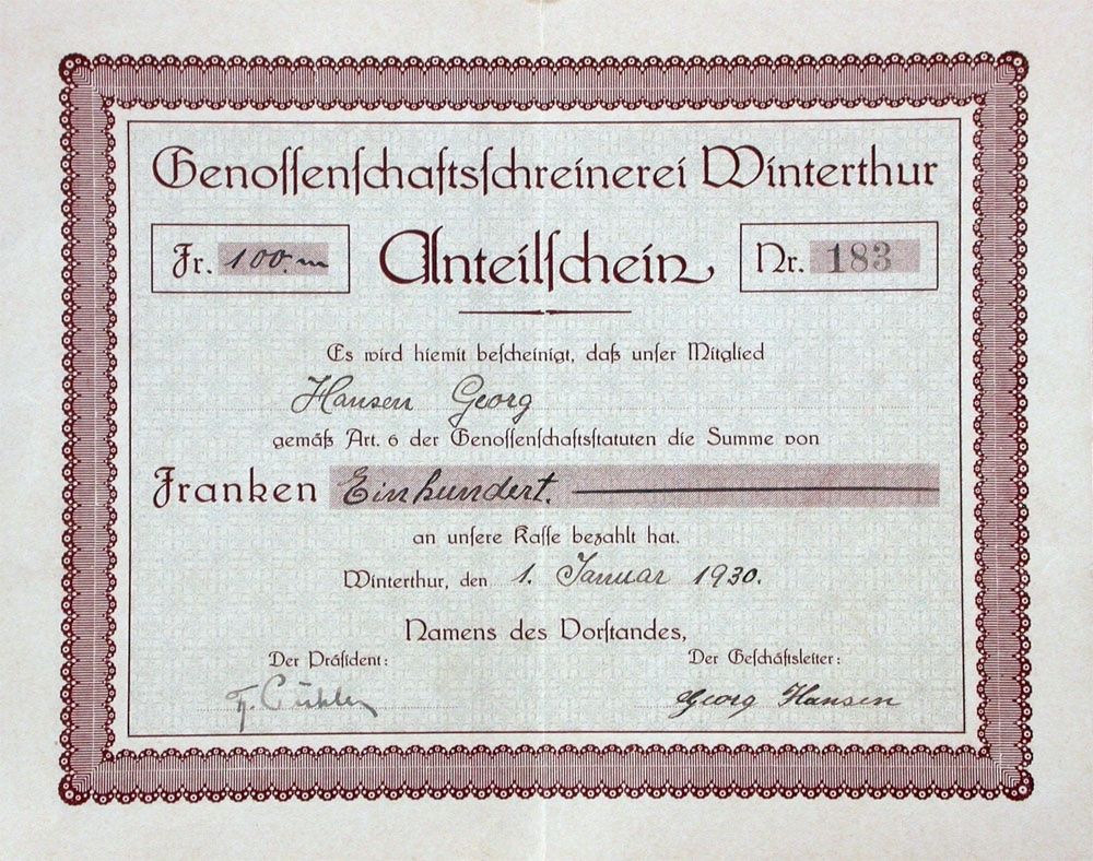 Documenti: Genossenschaftsschreinerei Winterthur - 1930 – Usato da Solothurn venduto da Sgasche