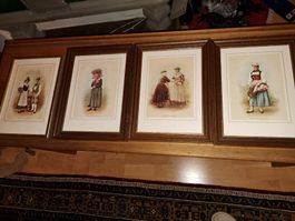 Antike Schweizer Trachten Bilder im Rahmen, 4 Stk