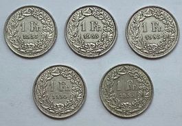 5 Schweizer Silber 1 Franken-Münzen alle mit Jahrgang 1955