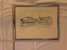 Originale Zeichnung mit Rahmen, Motiv Stadt am See.