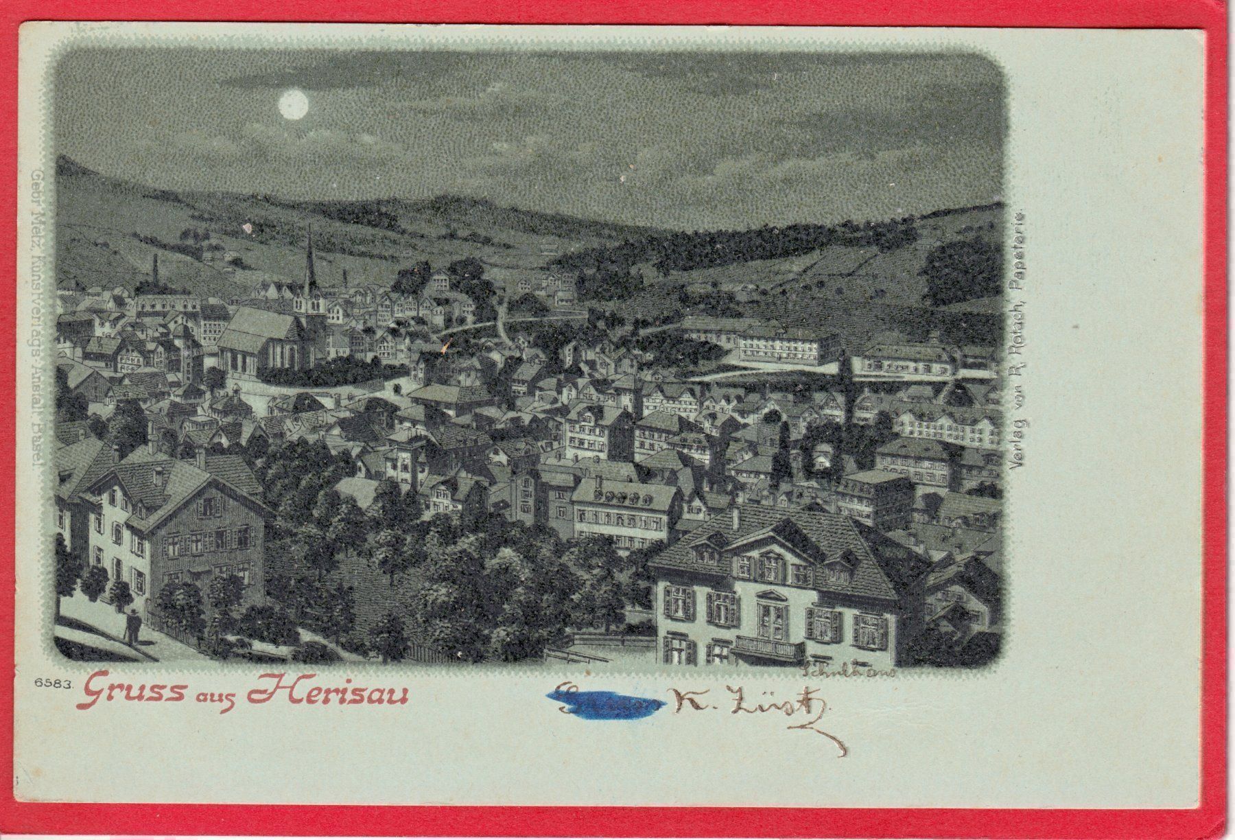 Cartoline postali: AK HERISAU MONDSCHEINLITHO – Usato da Grüningen venduto da Kartensammler