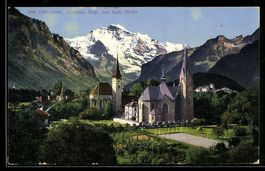 AK Interlaken, Jungfrau, Engl und Kath Kirche