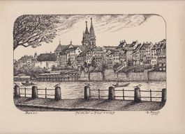 Zeichnung Basel  Münster u. Rheinweg, signiert  E. Kunz 1936
