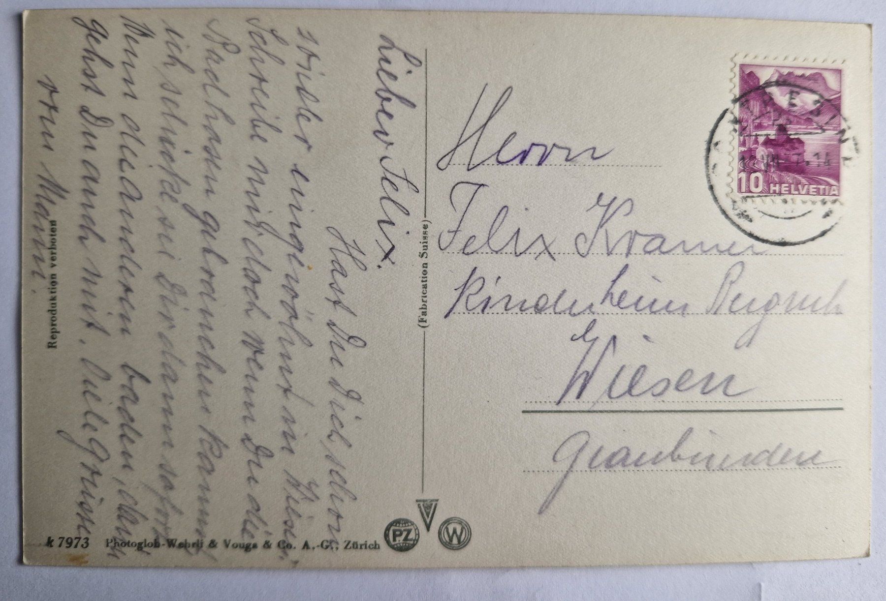 Ansichtskarten: Bündner Dorfstrasse 1937 – Gebraucht aus Melchnau von Fishel 1