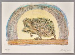 Igel bei Vollmond, Lithographie von Fritz Hug, handsigniert