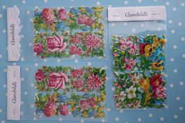 Glanzbildli Set mit Blumenmotive, Vintage Oblaten Neu + OVP