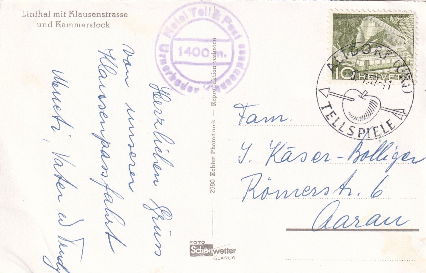 Ansichtskarten: Linthal mit Klausen-Strasse /bo – Gebraucht aus Hombrechtikon von Rudolf07 1