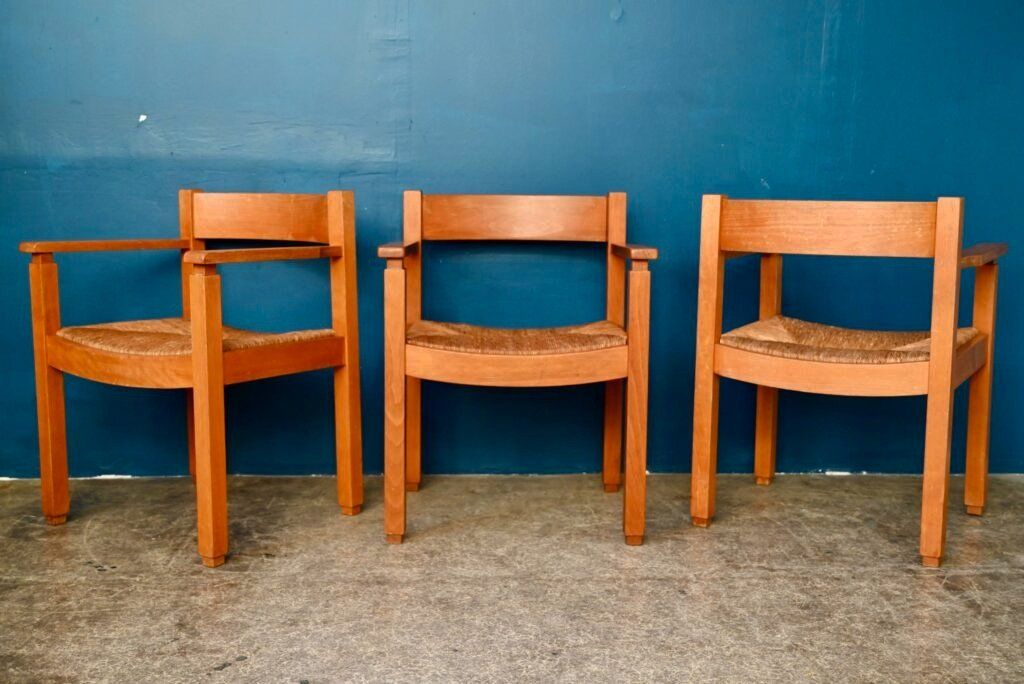 Poltrone: Lot de 3 fauteuils brutalistes en orme et paille design – Usato da COLMAR venduto da Sophiebellelurette