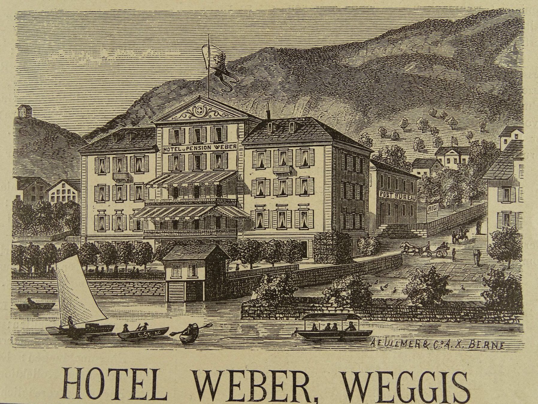 Incisioni: WEGGIS HOTEL WEBER HOLZSTICH 1883 – Usato da Grüningen venduto da Kartensammler