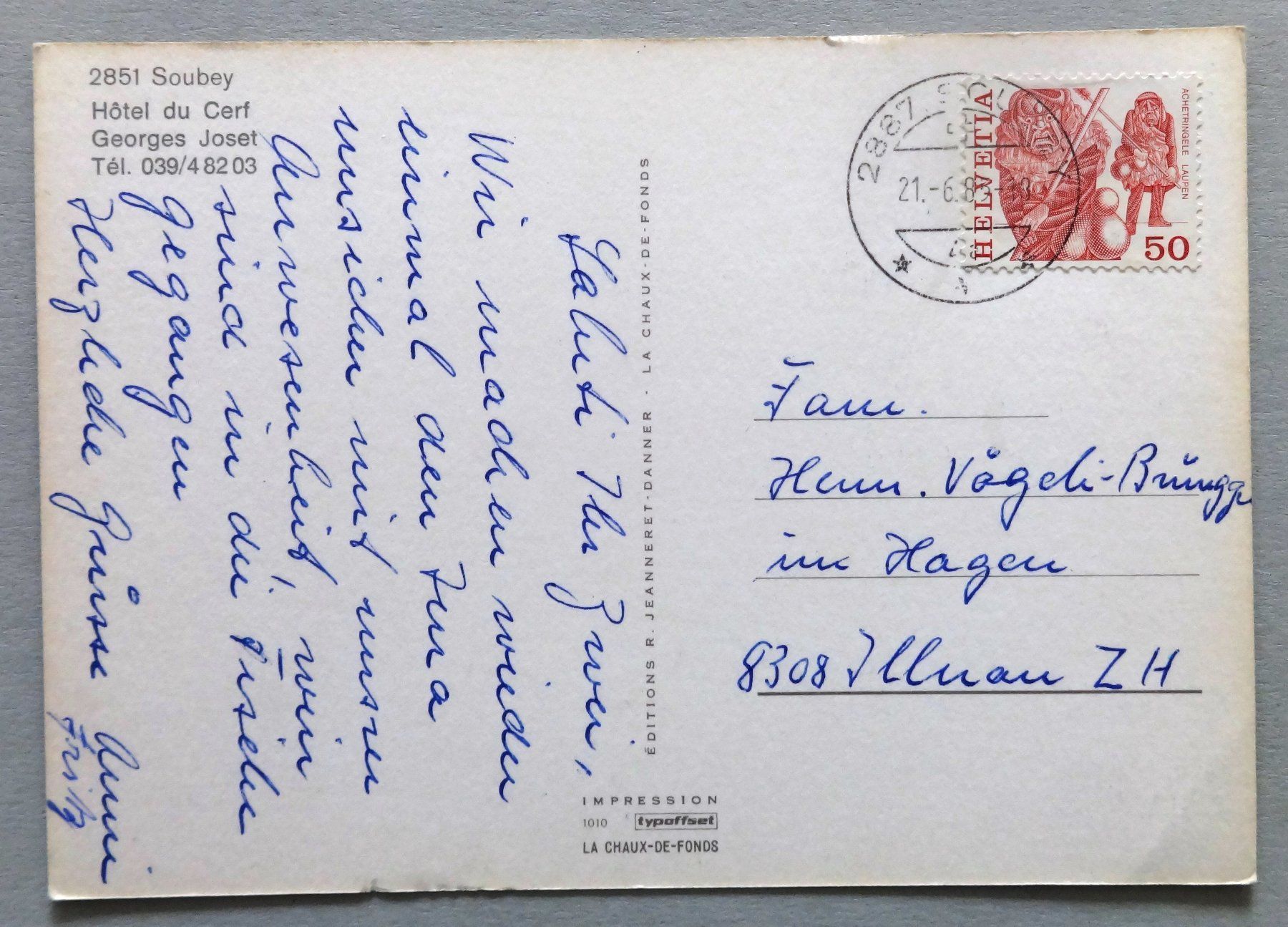 Cartoline postali: Soubey - Hôtel du Cerf – Usato da Fétigny venduto da Billy2miny 1