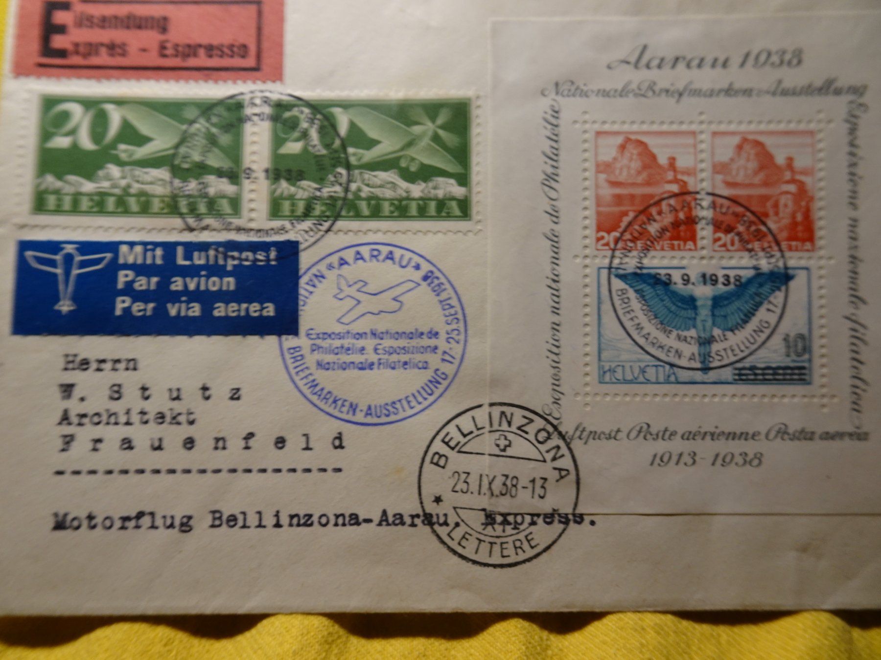 Alle Briefmarken: 23.9.38. AARAU BLOCK MIT FLUGPOST NACH BELLINZONA EILSENDUNG – Gebraucht aus Eschenbach SG von eDaisy 1