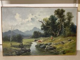 Gemälde Landschaft mit Hirtin signiert