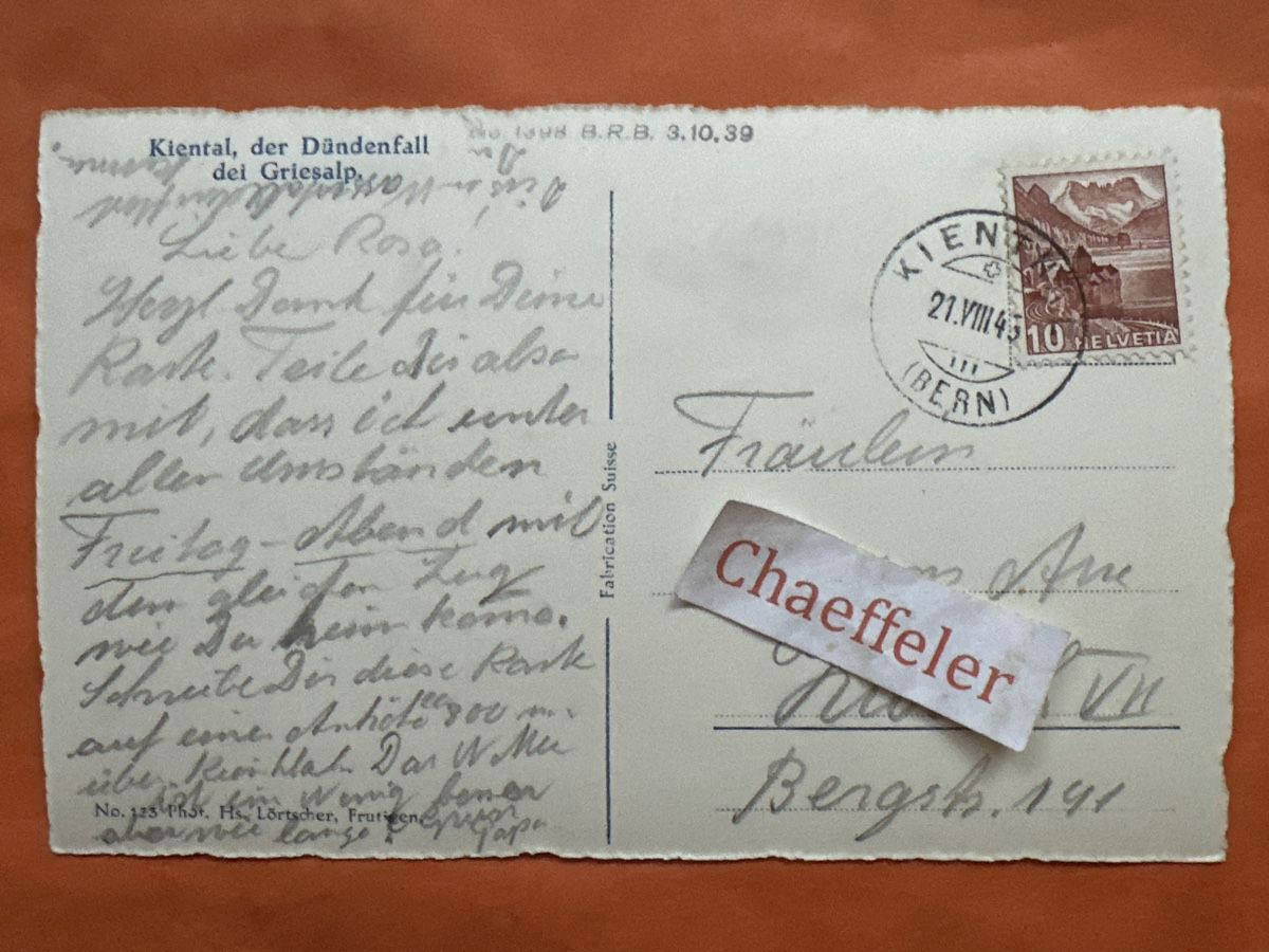 Ansichtskarten: 1943 Kiental, der Dündendall bei Griesalp – Gebraucht aus Zürich von Chaeffeler 1
