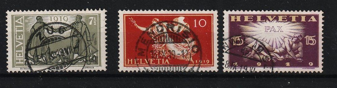 Tutti i francobolli: 1919 Friedensmarken, Nrn.143-145 – Usato da Jegenstorf venduto da Wintersport