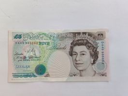 5£ Pfund Banknoten Bank of England von 1990, guter Zustand