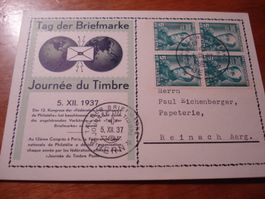 Karte Tag der Briefmarke 1937, 4erblock Juventute, gelaufen
