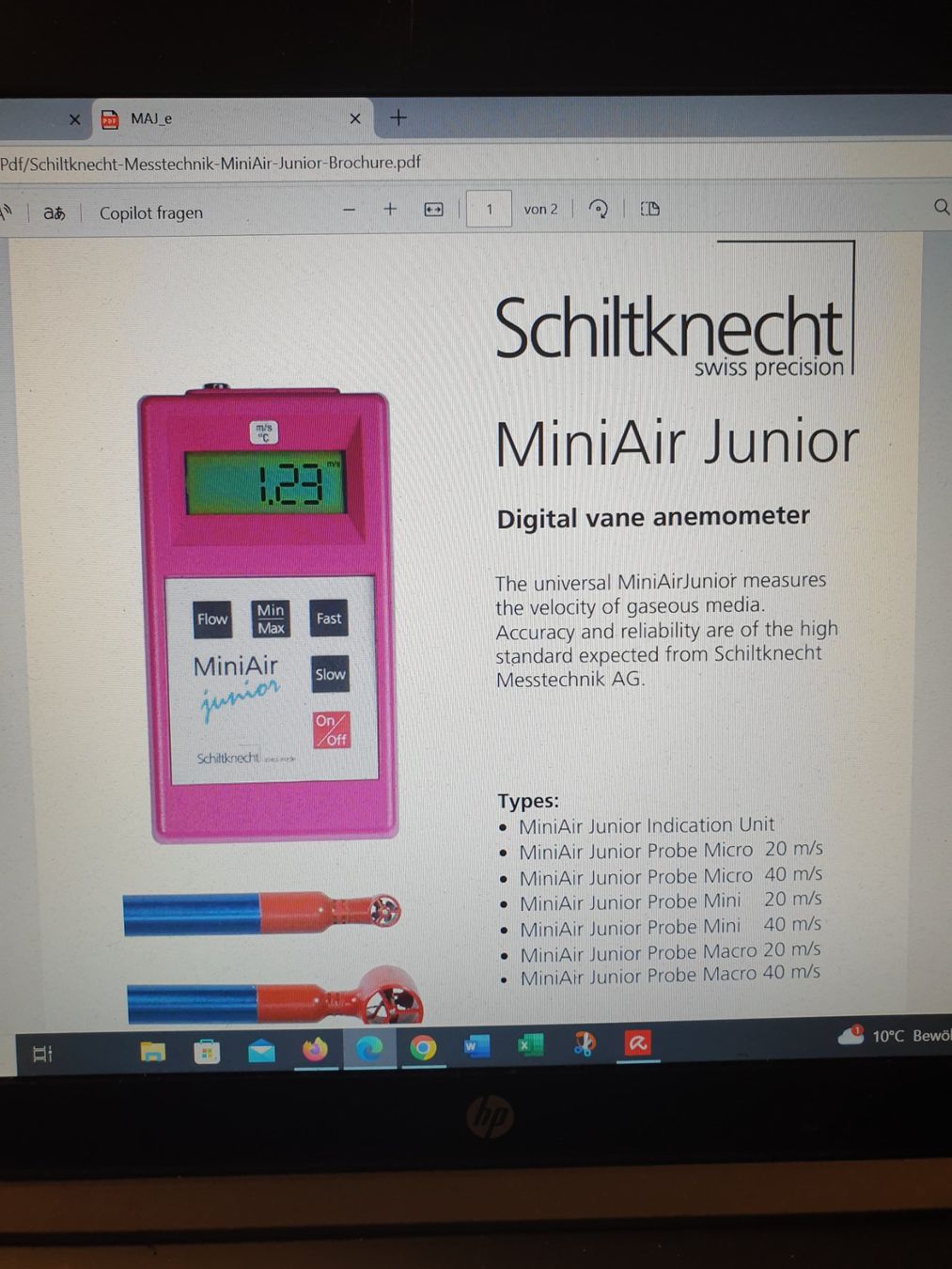 Misurare: MiniAir junior digital Vane Anemometer ohne Messsonde – Usato da Horw venduto da Arta20000 3