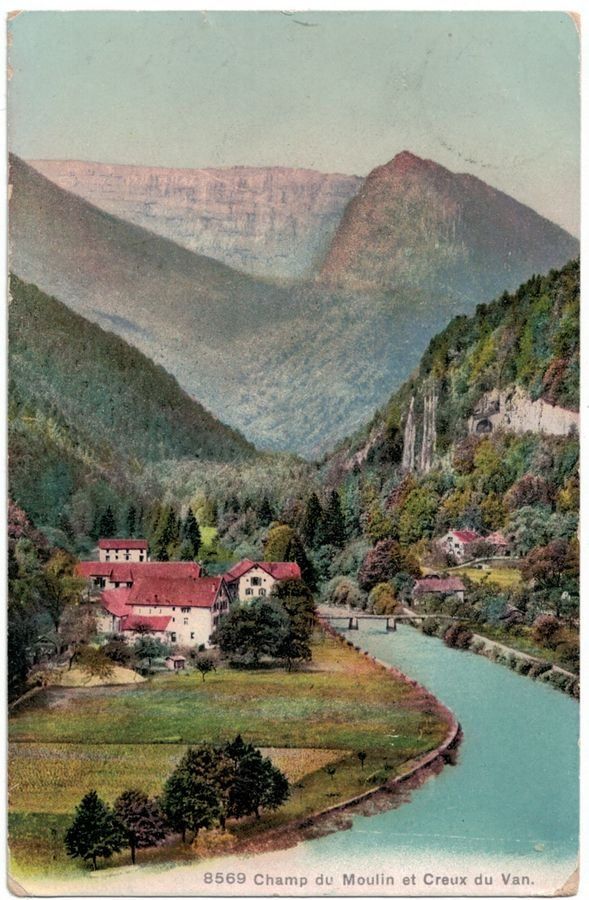 Ansichtskarten: Champ du Moulin avec Creux du Van, circulée 1908 – Gebraucht aus Frauenfeld von POML