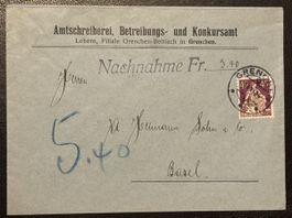 Schweiz Nachnahme Grenchen Betreibungsamt Beleg 1920er