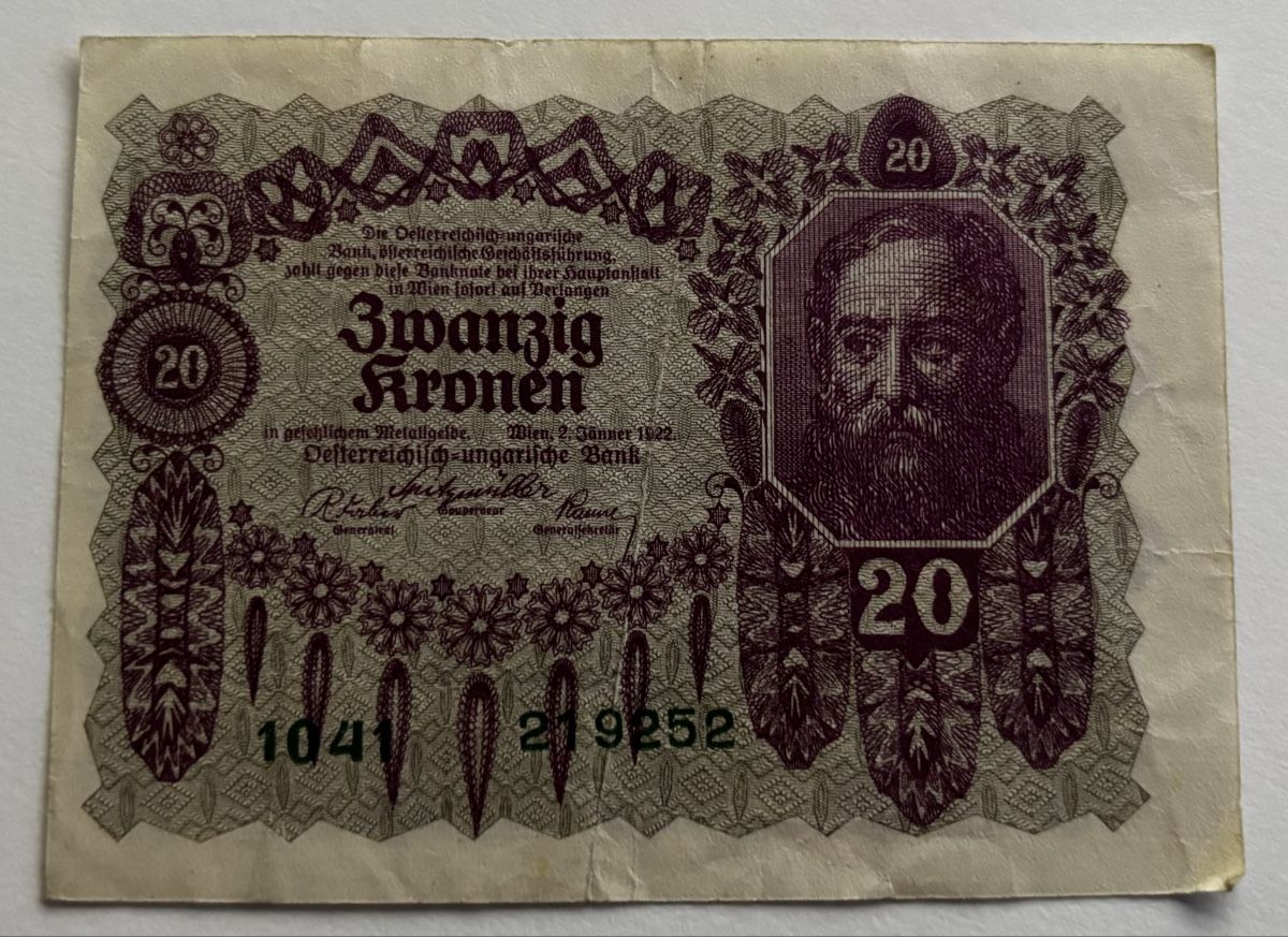 Banconote: Österreich 20 Kronen 1922 – Usato da Algetshausen venduto da Carrhard