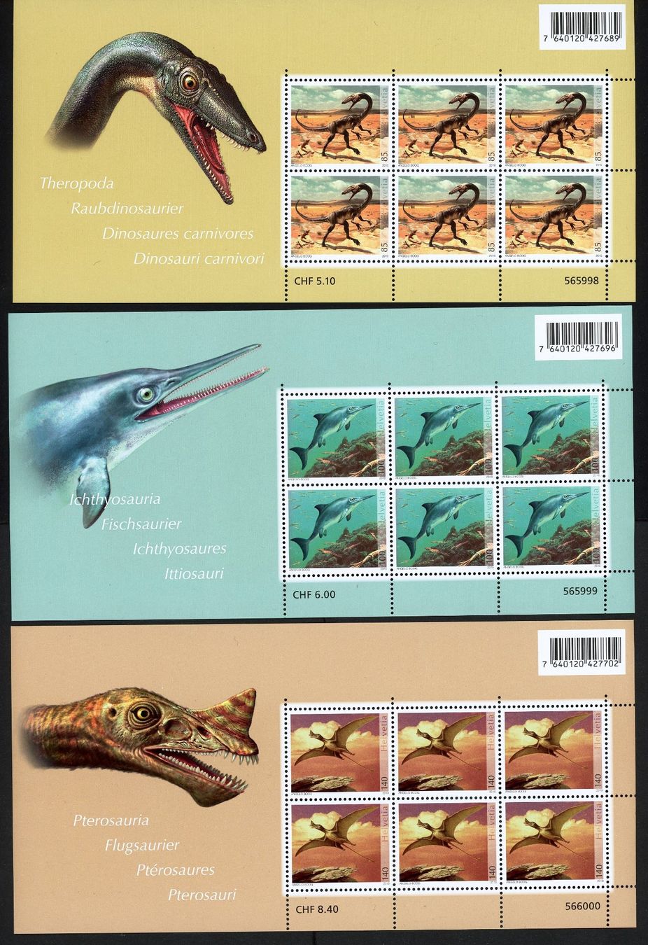 Tutti i francobolli: 2010:Kleinbogen-Serie Dinosaurier in der Schweiz, postfrisch – Nuovo (secondo la descrizione) da Basel venduto da Strubelibs