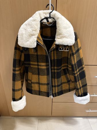 Veste carreaux moutarde fourrure col M