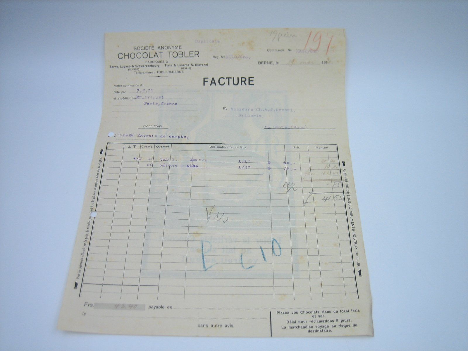 Foto & Immagini: Tobler Chocolat altes Werbeblatt/Rechnung – Usato da Zürich venduto da Tomi118 2