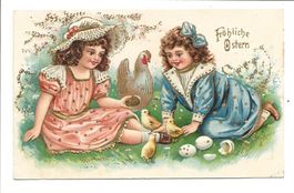 Fröhliche Ostern  Mädchen  Küken  tolle Präge-Litho um 1910