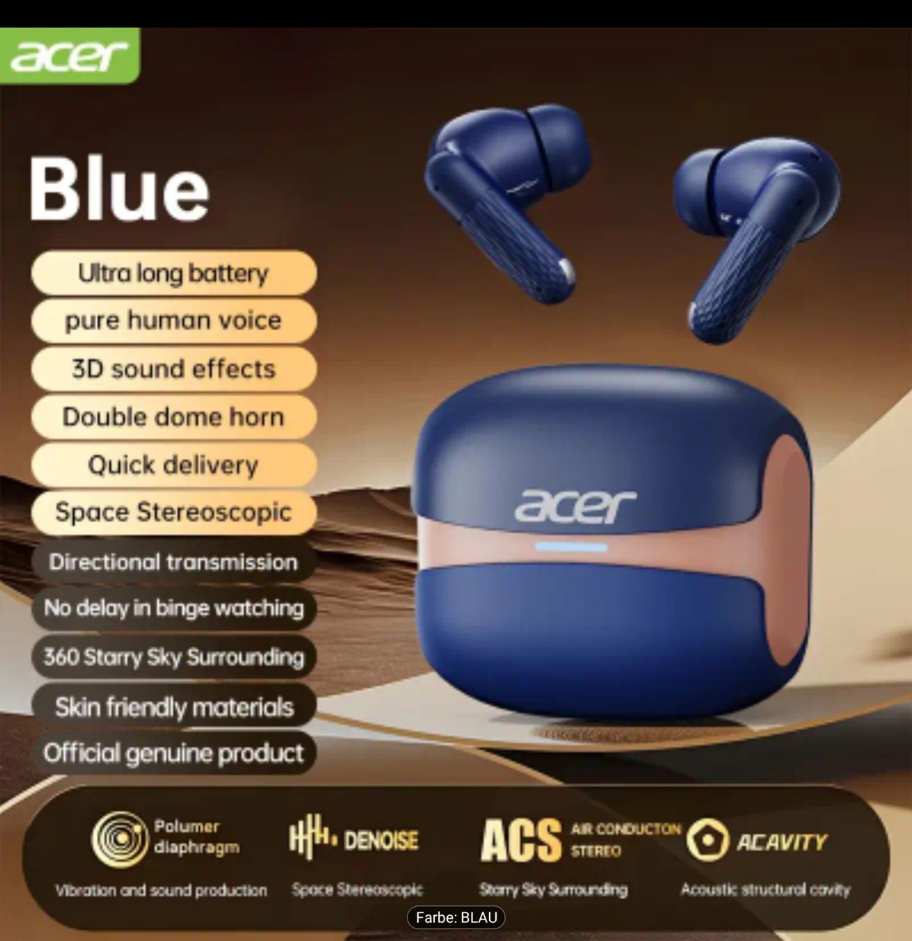 Cuffie: Acer Wireless Earbuds 548 | Noise Cancelling Blau – Nuovo e nell'imballaggio originale da Winterthur venduto da Pcline1