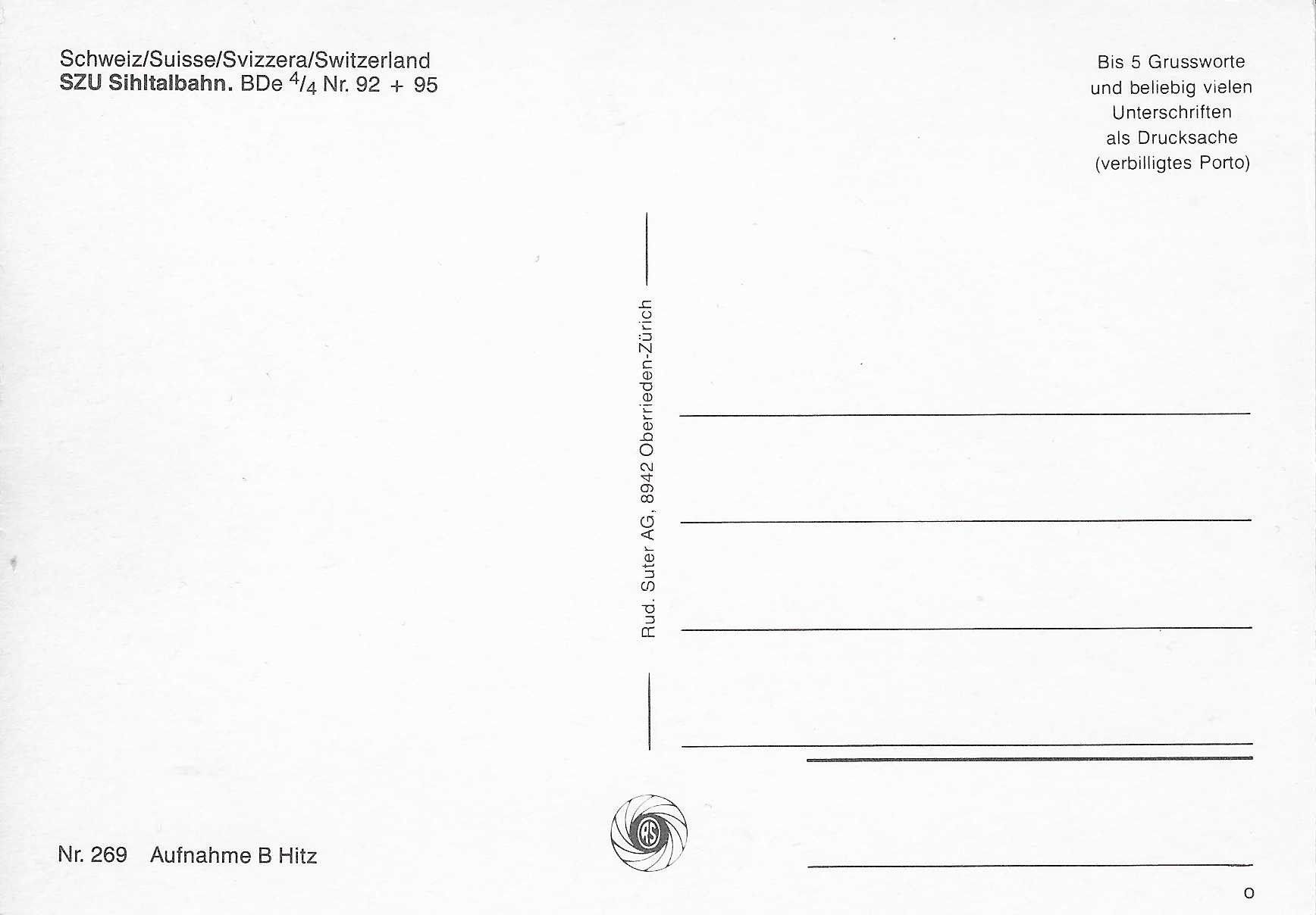 Ansichtskarten: SZU Sihltalbahn BDe 4/4 Nr. 92 + 95 – Neu (gemäss Beschreibung) aus Rothrist von Stranglehold 1