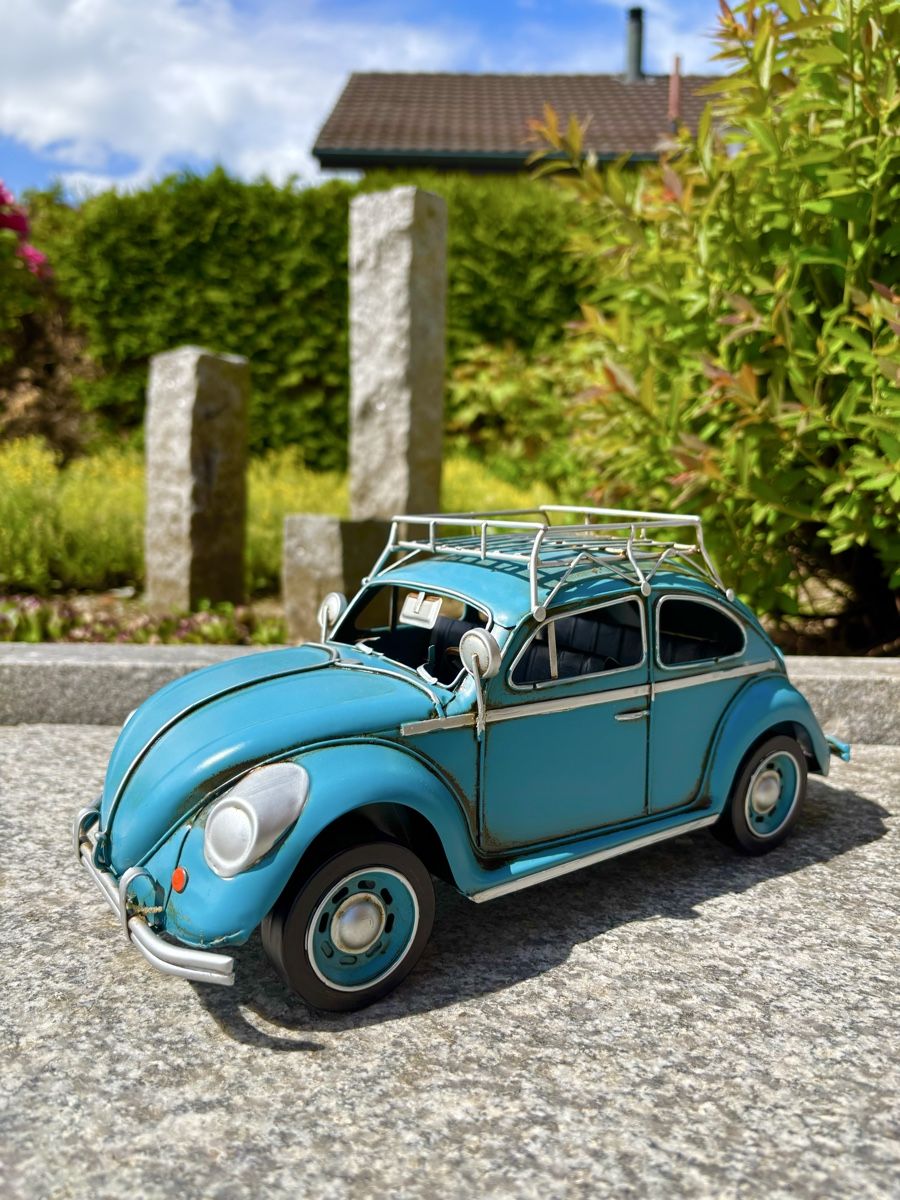 Volkswagen Modellini d'auto: VW Käfer blau aus Blech – Nuovo e nell'imballaggio originale da Langendorf venduto da Blechfahrzeuge