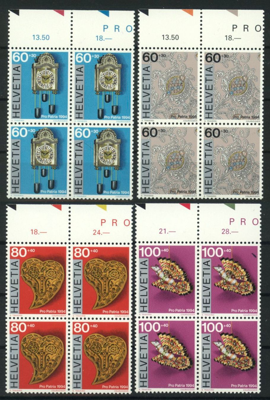 Alle Briefmarken: 1994, Pro Patria, Viererblöcke ** – Gebraucht aus Willisau von Vollstempel
