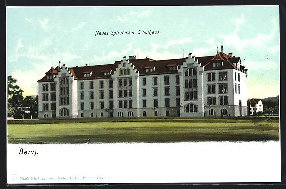 Cartoline postali: Litho Bern, Neues Spitalacker-Schulhaus – Usato da Berlin venduto da bartko-reher