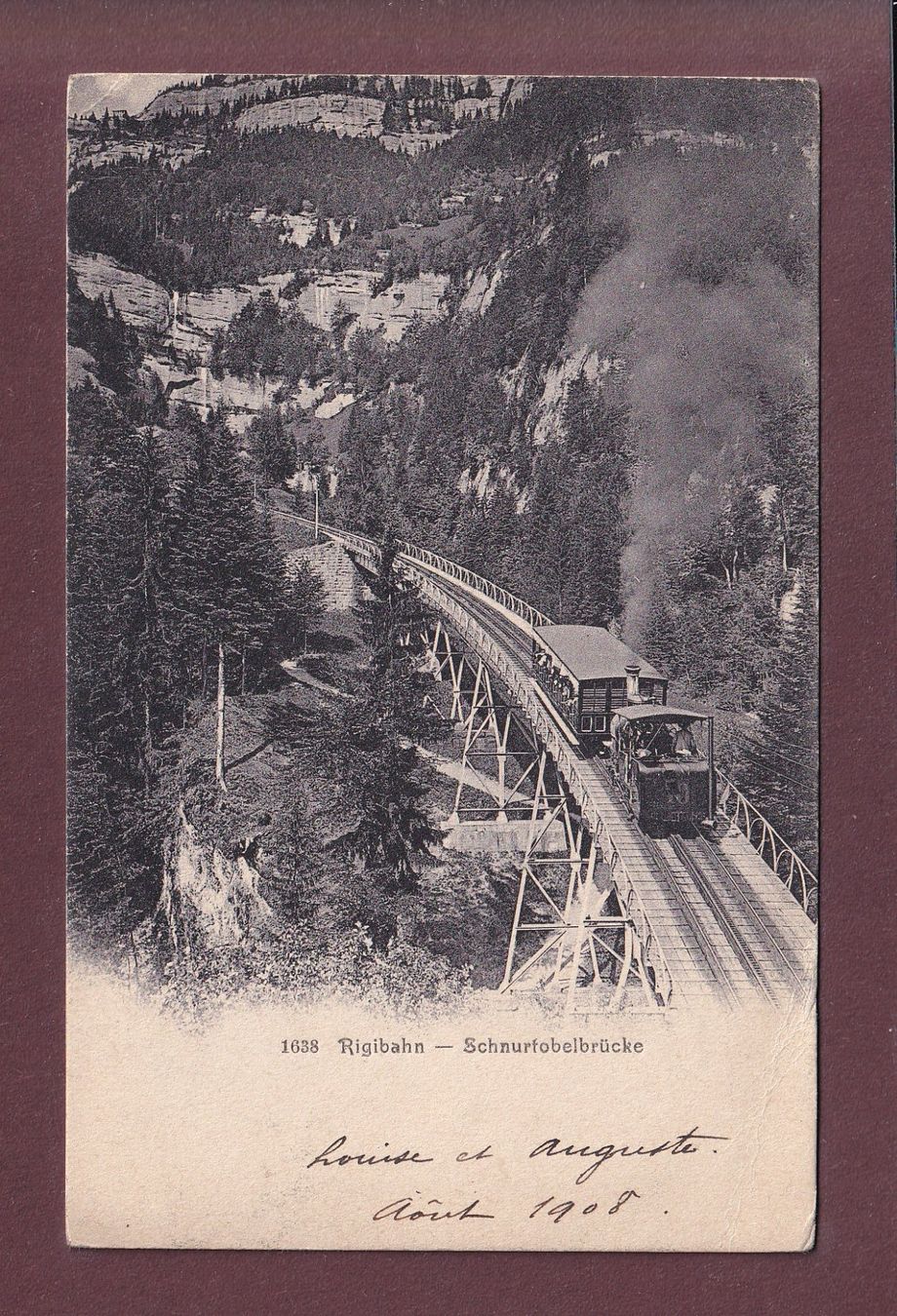 Cartoline postali: RIGI-BAHN - Schnurtobelbrücke - 1908 – Usato da Pully venduto da nicecards