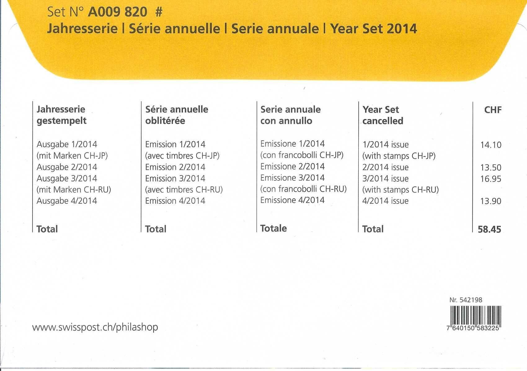 Tutti i francobolli: Schweizer Briefmarken Jahresset 2014 gestempelt – Usato da Diegten venduto da Pdiego 1