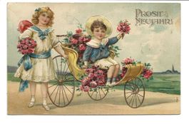 Prosit Neujahr - Kinder - Rosen - Dreirad - Präge-Litho 1908