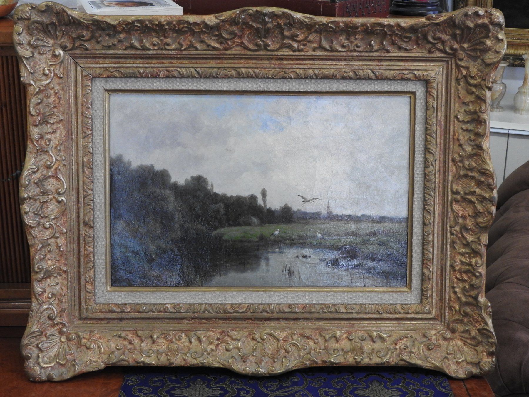 Gemälde: Oelbild Victor Puhonny: "Landschaft mit Störchen" – Gebraucht aus Stetten AG von Brissago25 1