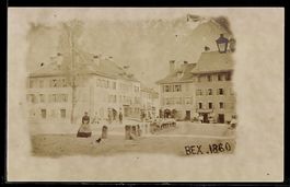 Foto-AK Bex, Platz mit Geschäft und Häusern, 1860