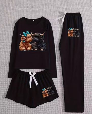 Schlafanzug-Pyjama-3-teilig-Highland-Kuh-super flauschig-Top